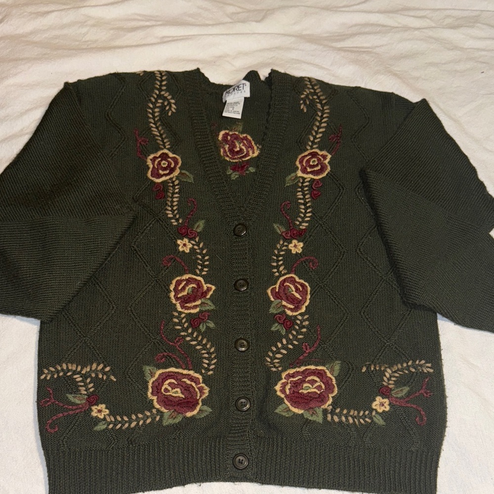 Koret Dark Green Cardigan with Floral Embroidery